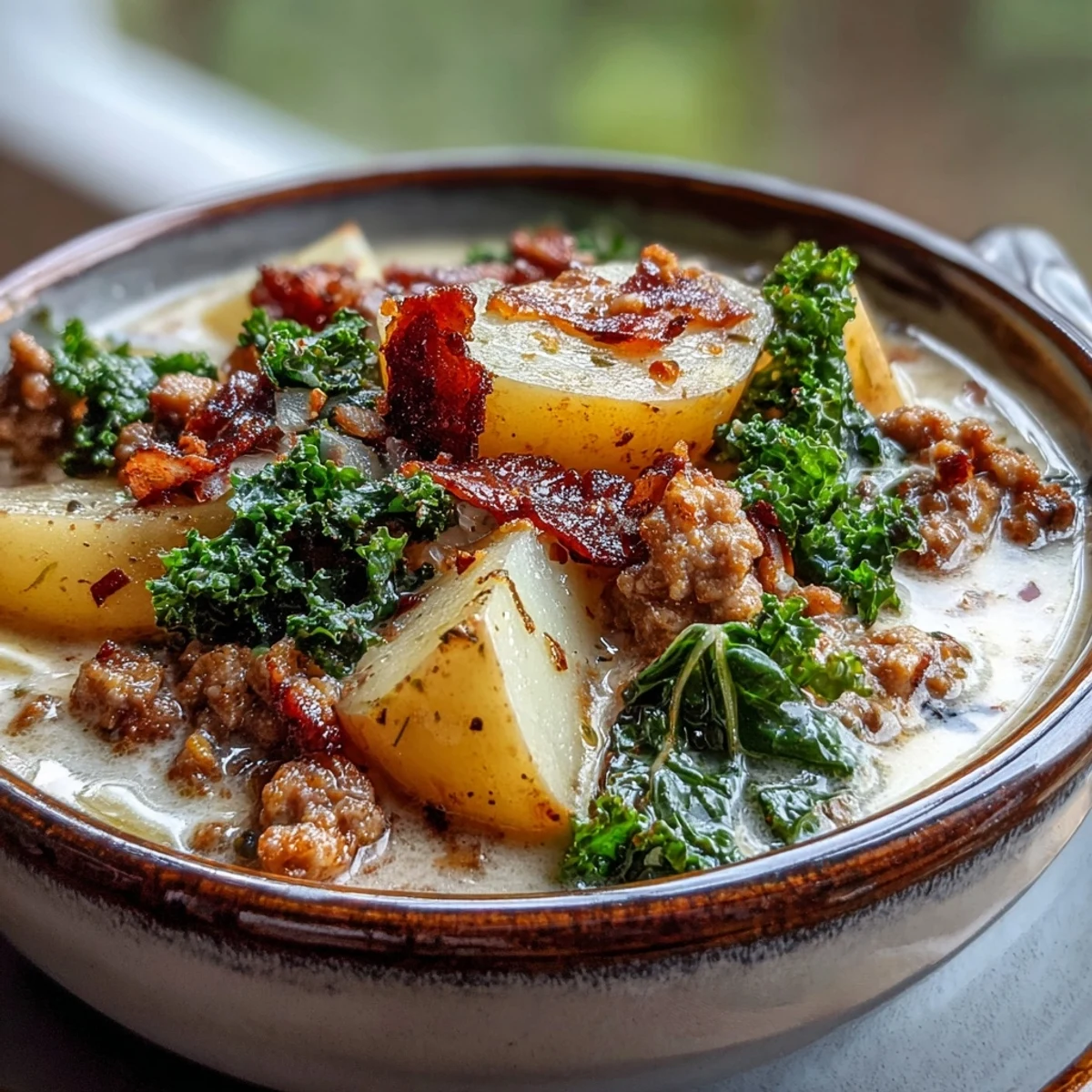 Hearty Italian Sausage Soup with creamy broth, tender potatoes, and fresh kale, served steaming in a rustic bowl.