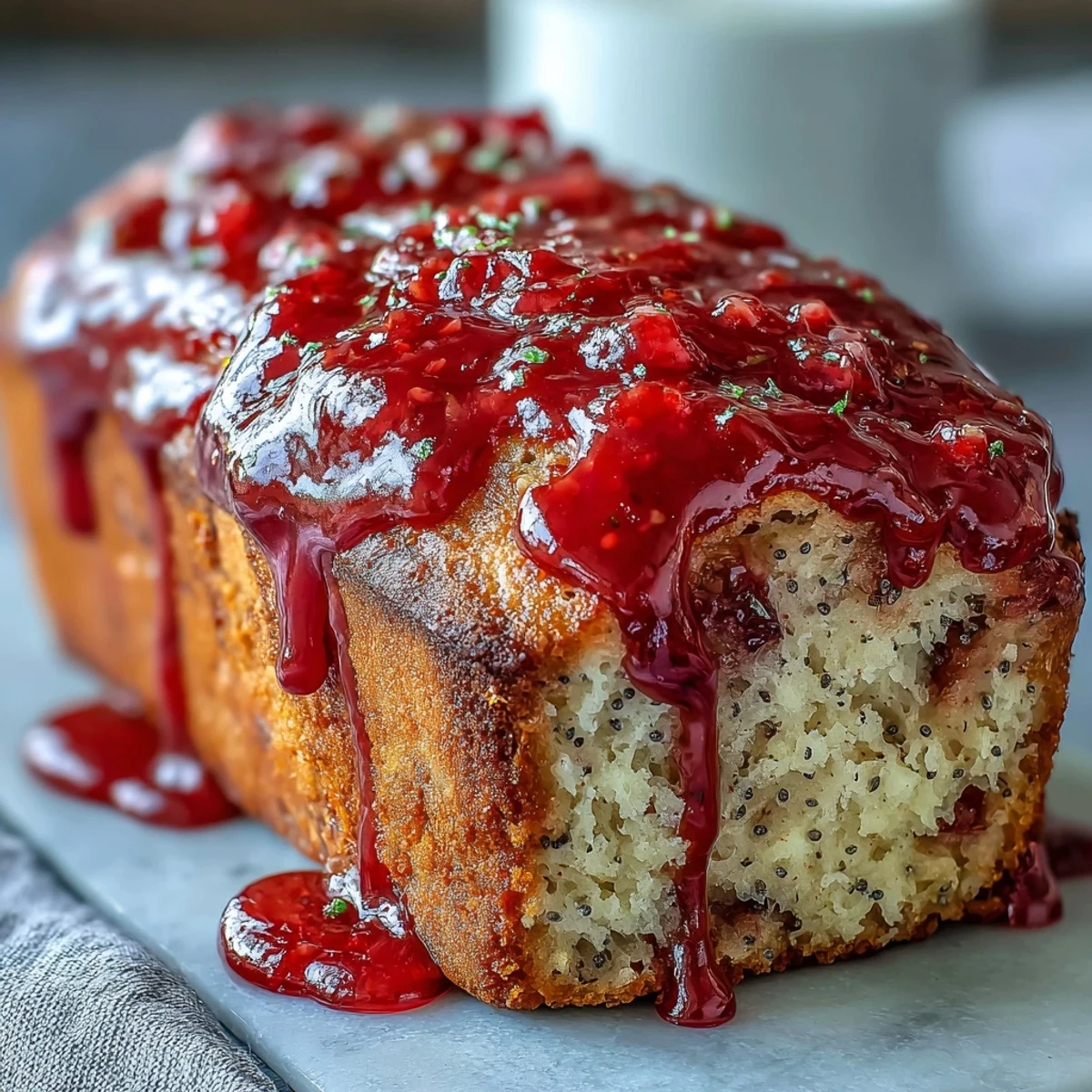 Freshly baked Blood Orange Loaf Cake with poppy seeds and marzipan, drizzled with a glossy glaze on a wooden cutting board.