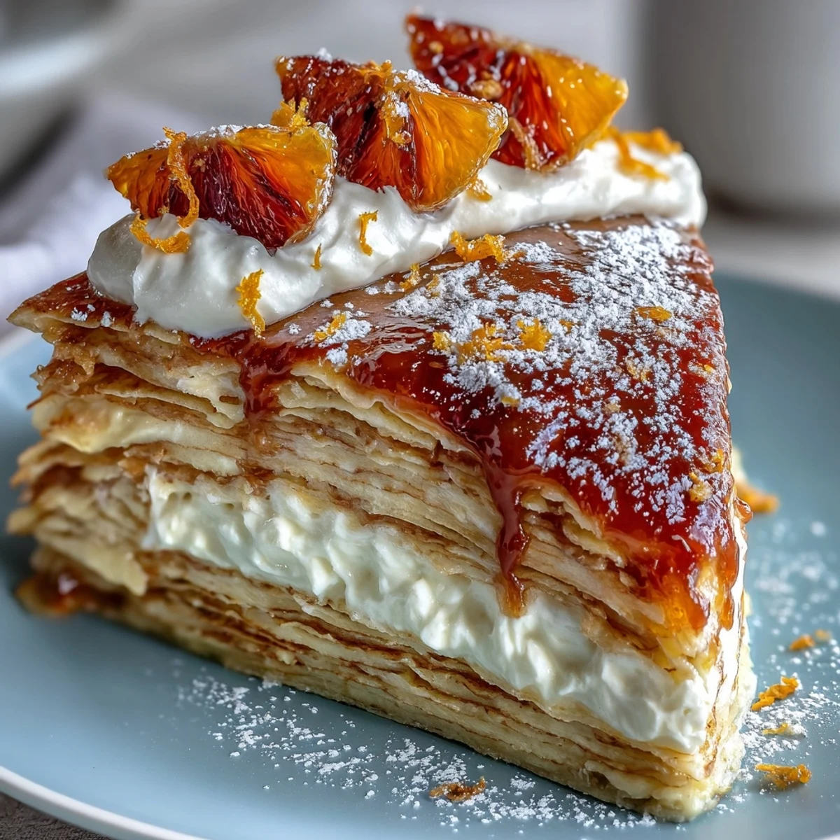A close-up of layered Blood Orange Curd Crêpe Cake, showing thin crêpes stacked with vibrant orange curd and fluffy whipped cream.  