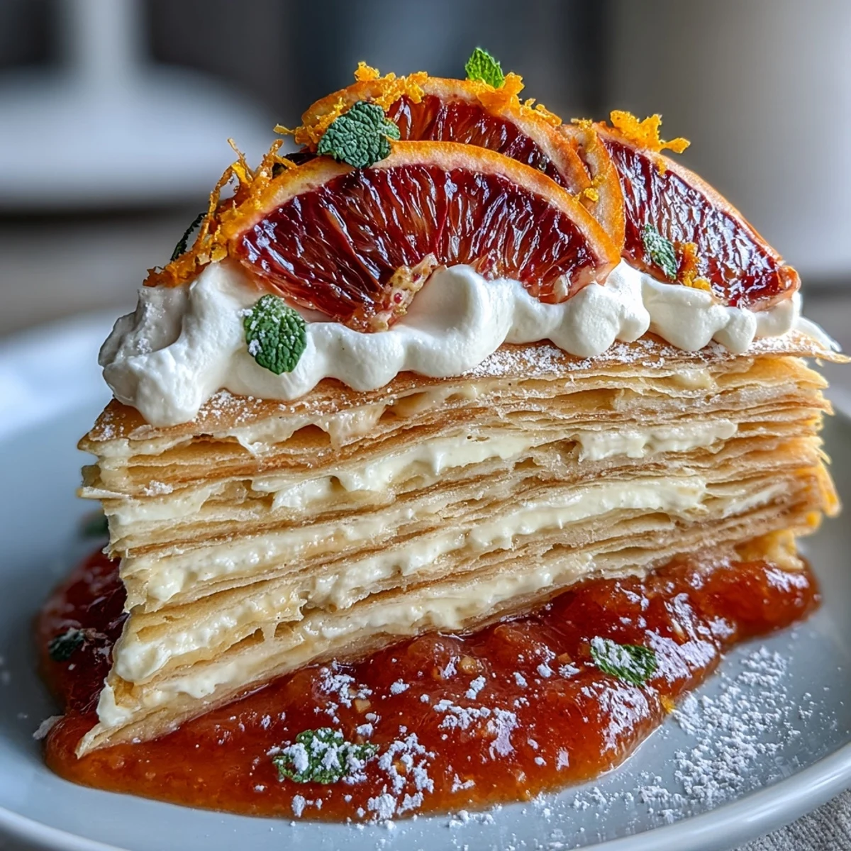 A slice of Blood Orange Curd Crêpe Cake with a dusting of powdered sugar, garnished with edible flowers for a stunning presentation.