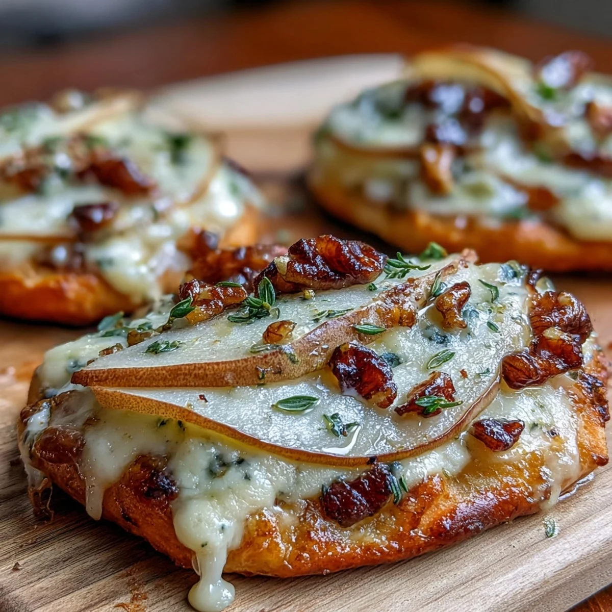 Golden-brown mini pizza rounds topped with ripe pear slices, crumbled Gorgonzola, and tangy pickled walnuts, served warm on a wooden board.