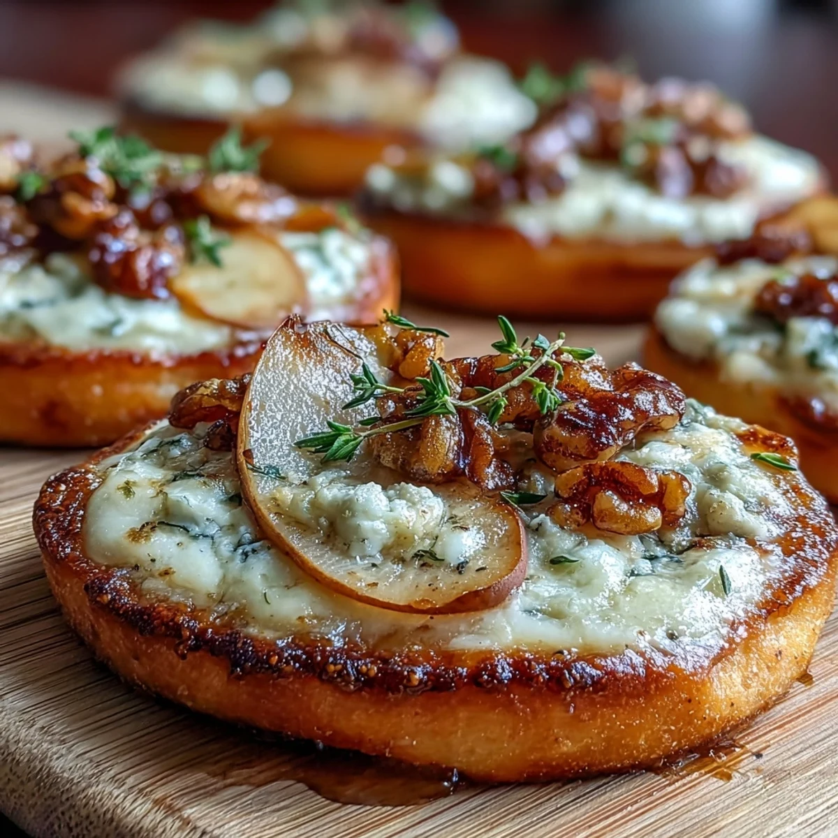 Close-up shot of crisp, cheese-melted pizzettes featuring sweet pear, creamy blue cheese, and sliced pickled walnuts, ready to be enjoyed.