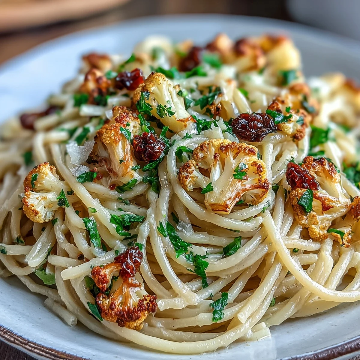 Golden roasted cauliflower florets, savory anchovies, and plump raisins tossed with whole wheat spaghetti in a skillet.