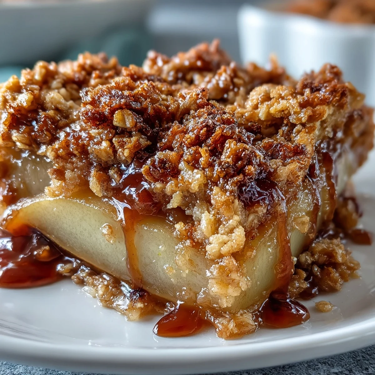 Rustic Pear Crumble cooling on a wire rack, showcasing the chunky, buttery topping and tender, juicy pear filling below.