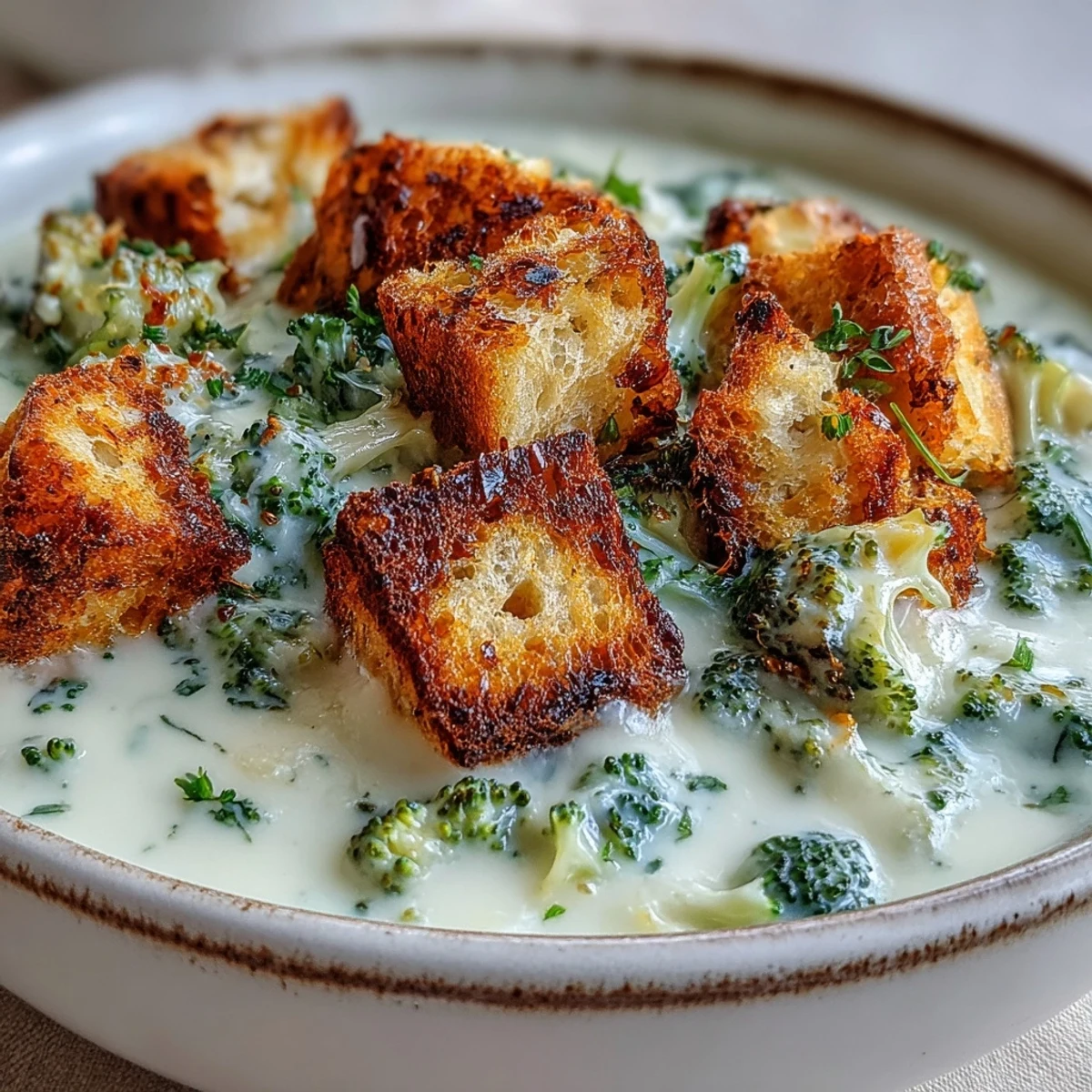 A creamy bowl of Cauliflower and Broccoli Soup topped with golden, homemade croutons, served warm in a rustic ceramic bowl.  