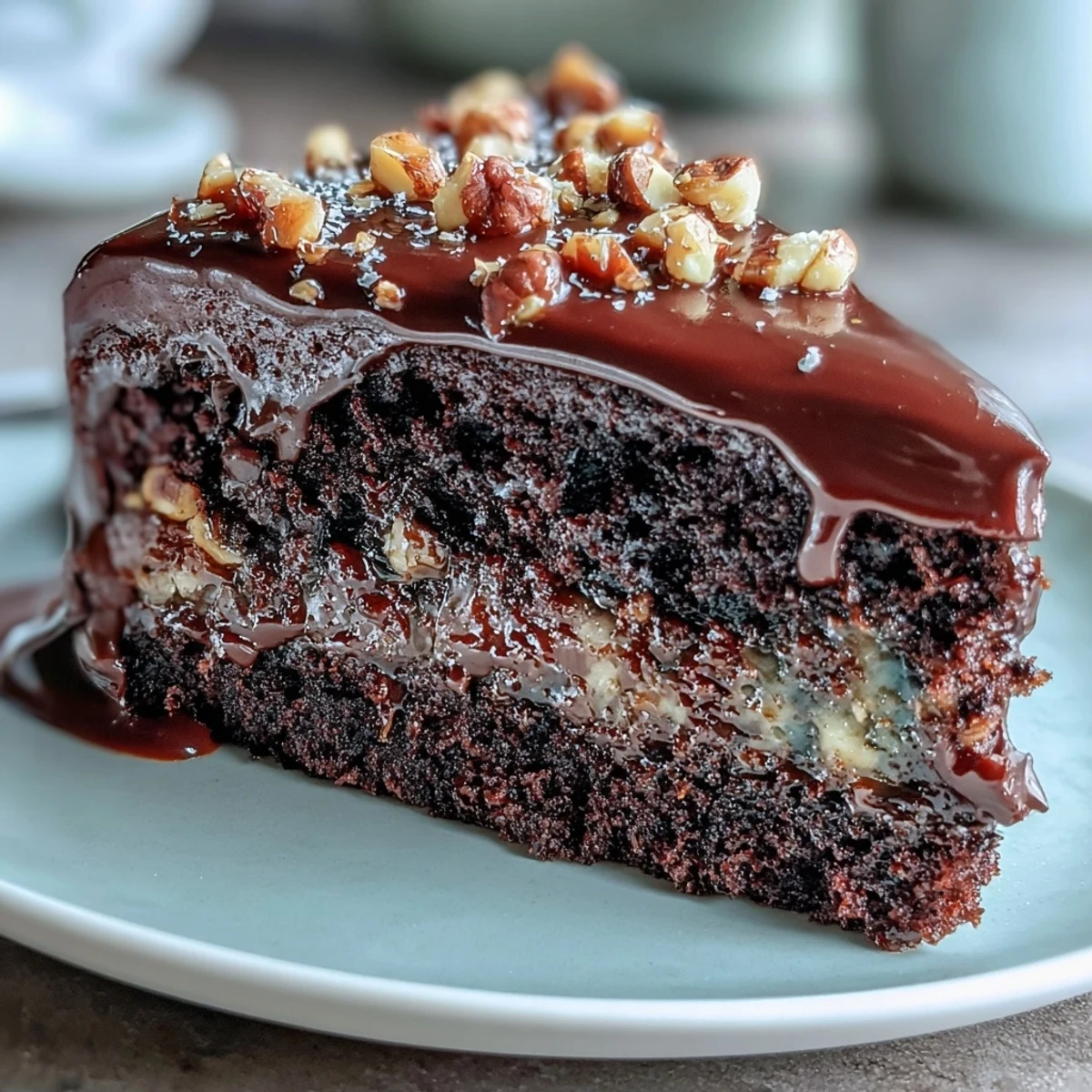 Moist Chocolate Celebration Cake layers are generously coated in glossy, dark chocolate ganache.  