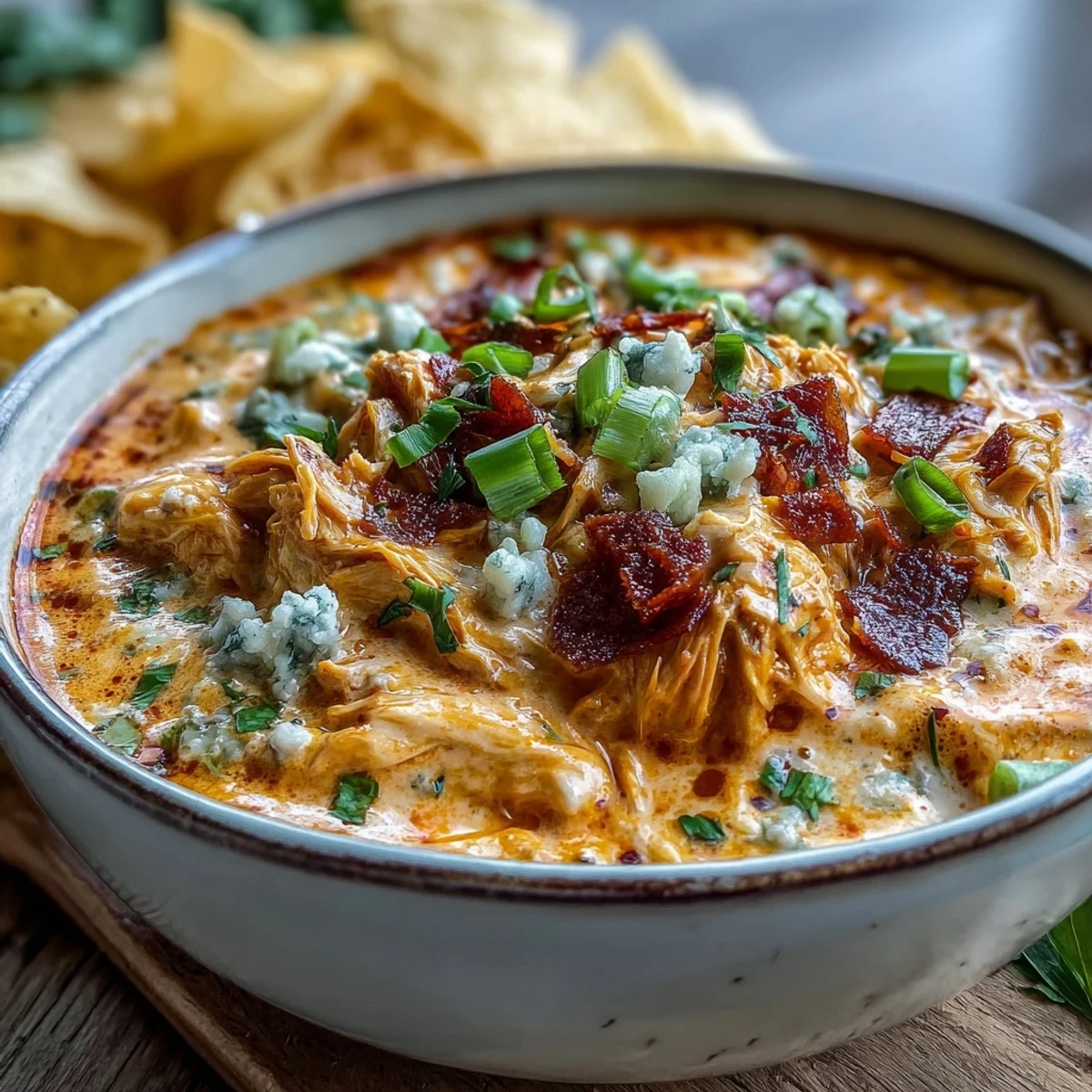 Creamy Crock Pot Buffalo Chicken Dip Soup in a rustic bowl, topped with melted cheddar and green onions.