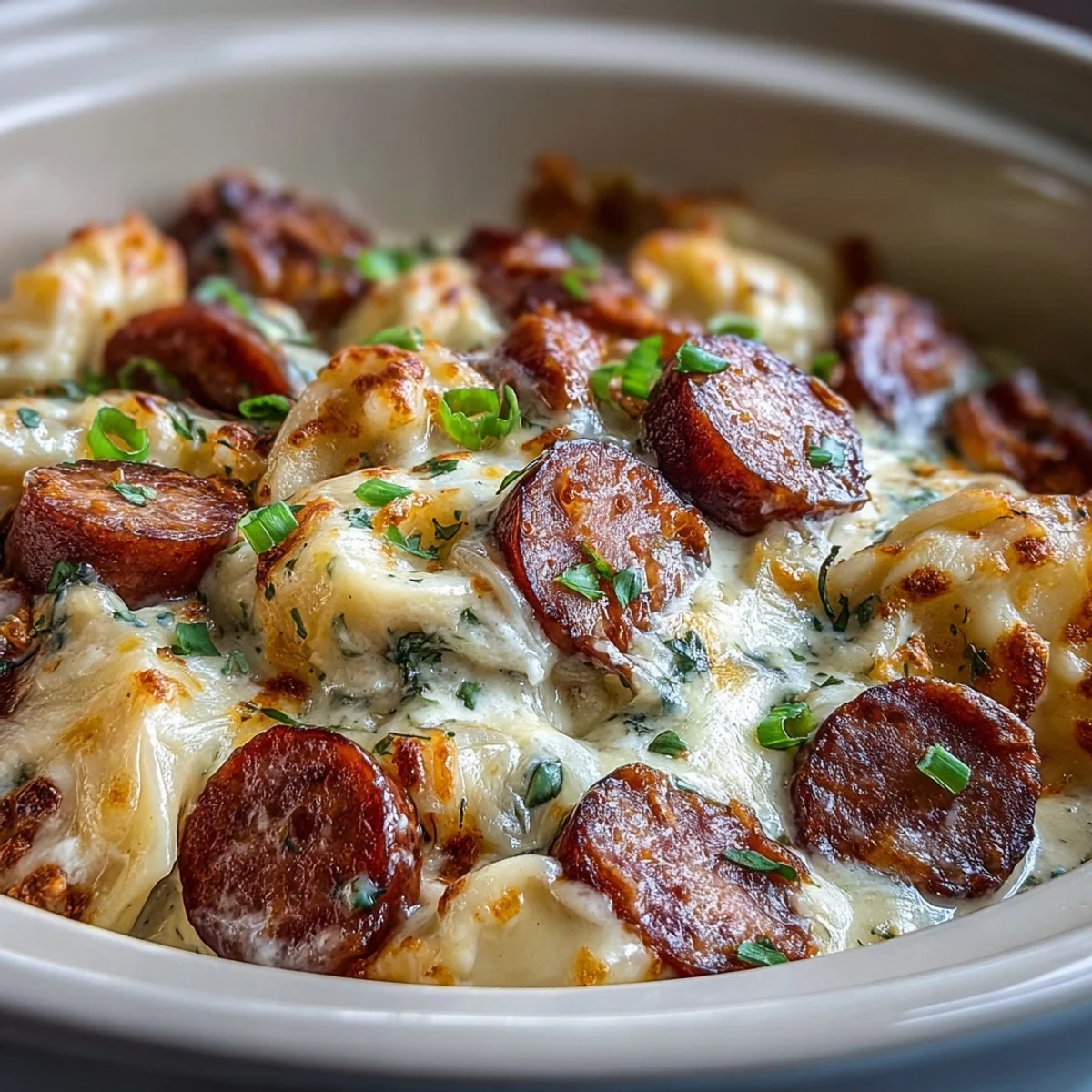 Cheesy, creamy Crockpot Pierogi Casserole With Kielbasa ladled onto a plate next to a crisp garden salad.