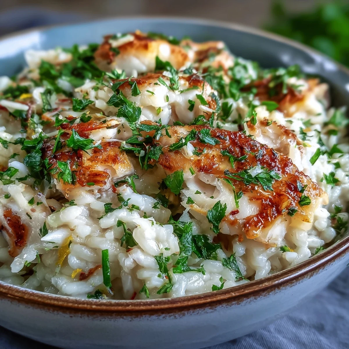 Golden Smoked Haddock Risotto sits in a rustic bowl, garnished with grated Parmesan and fresh herbs for a comforting meal.