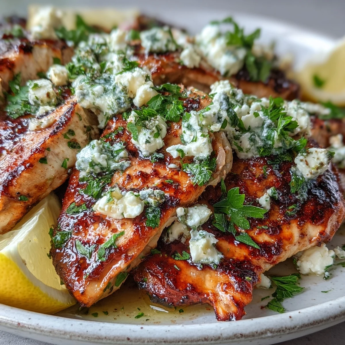 Golden-brown Greek Chicken with Lemon and Feta on a plate, garnished with fresh parsley and extra lemon wedges.