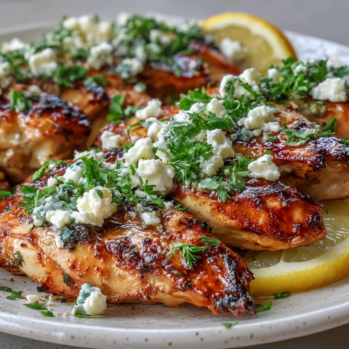 Healthy Greek Chicken with Lemon and Feta served over rice, drizzled with olive oil and bright lemon juice.