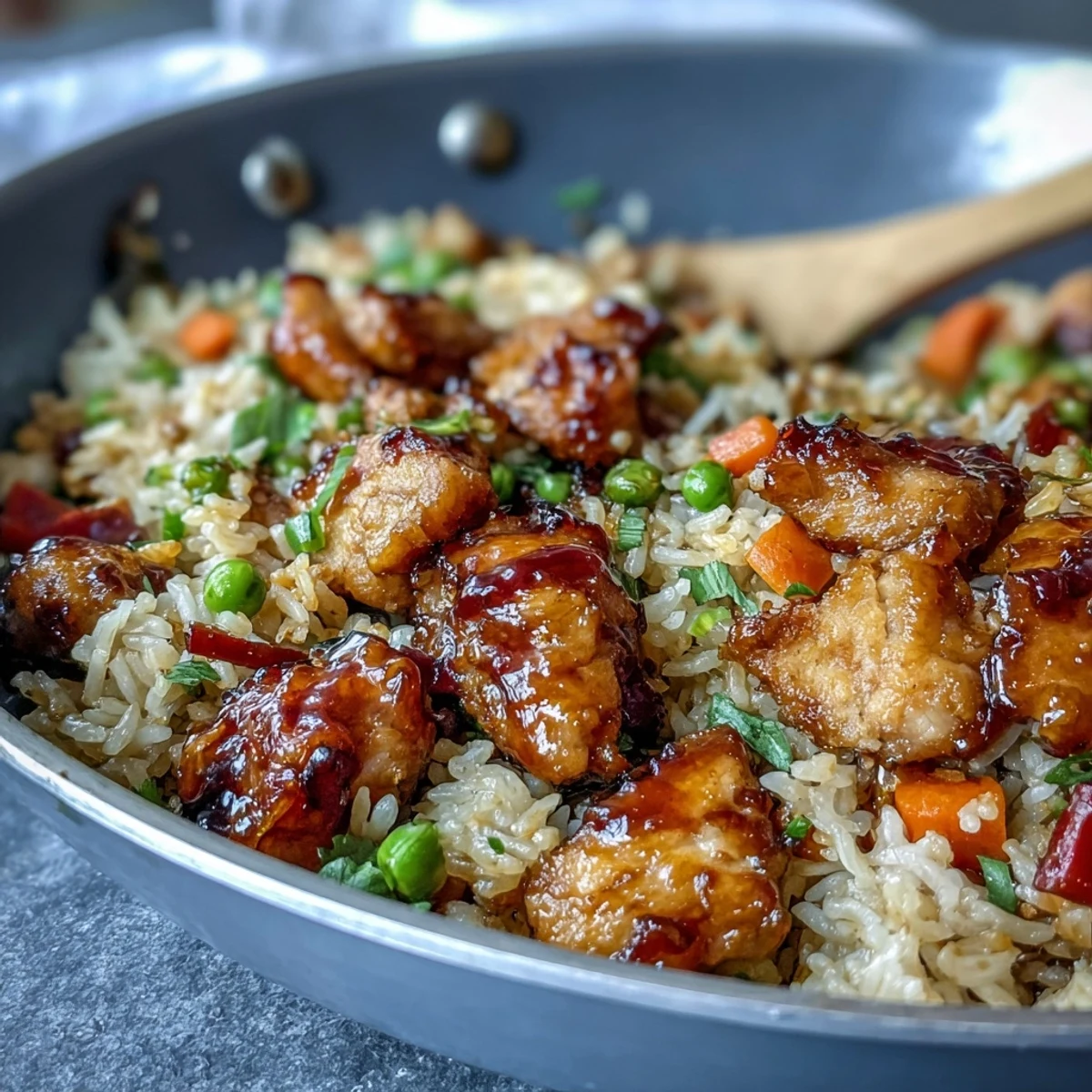 Tender chicken glazed in sweet and smoky BBQ sauce sits atop vibrant bell peppers and peas in this One-Pan Bold Honey BBQ Chicken Rice.