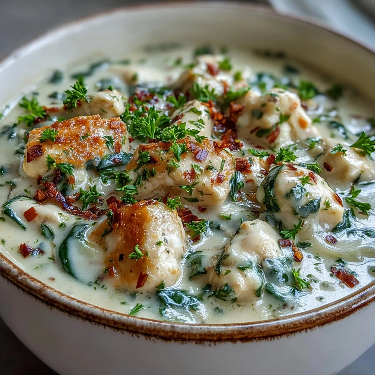 Creamy Garlic Parmesan Chicken Soup with tender chicken and spinach, topped with fresh parsley and extra Parmesan.