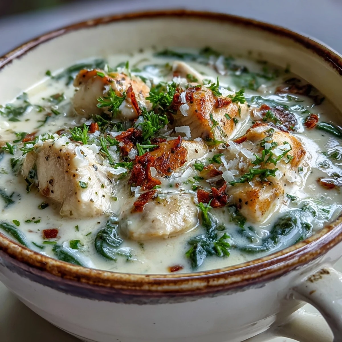 Freshly grated Parmesan melts into this creamy Garlic Parmesan Chicken Soup, served hot in a rustic bowl.