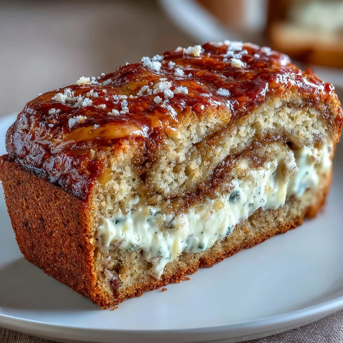 Cream Cheese Cinnamon Swirl Banana Bread slices on a plate, revealing moist crumb, rich cream cheese, and warm cinnamon sugar swirl for breakfast.
