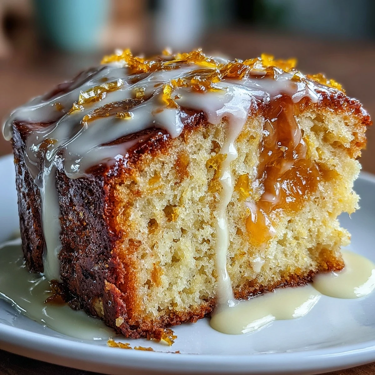 Glossy drizzle of blood orange icing being poured over the warm Heavenly Blood Orange Yogurt Cake, creating a glistening finish.
