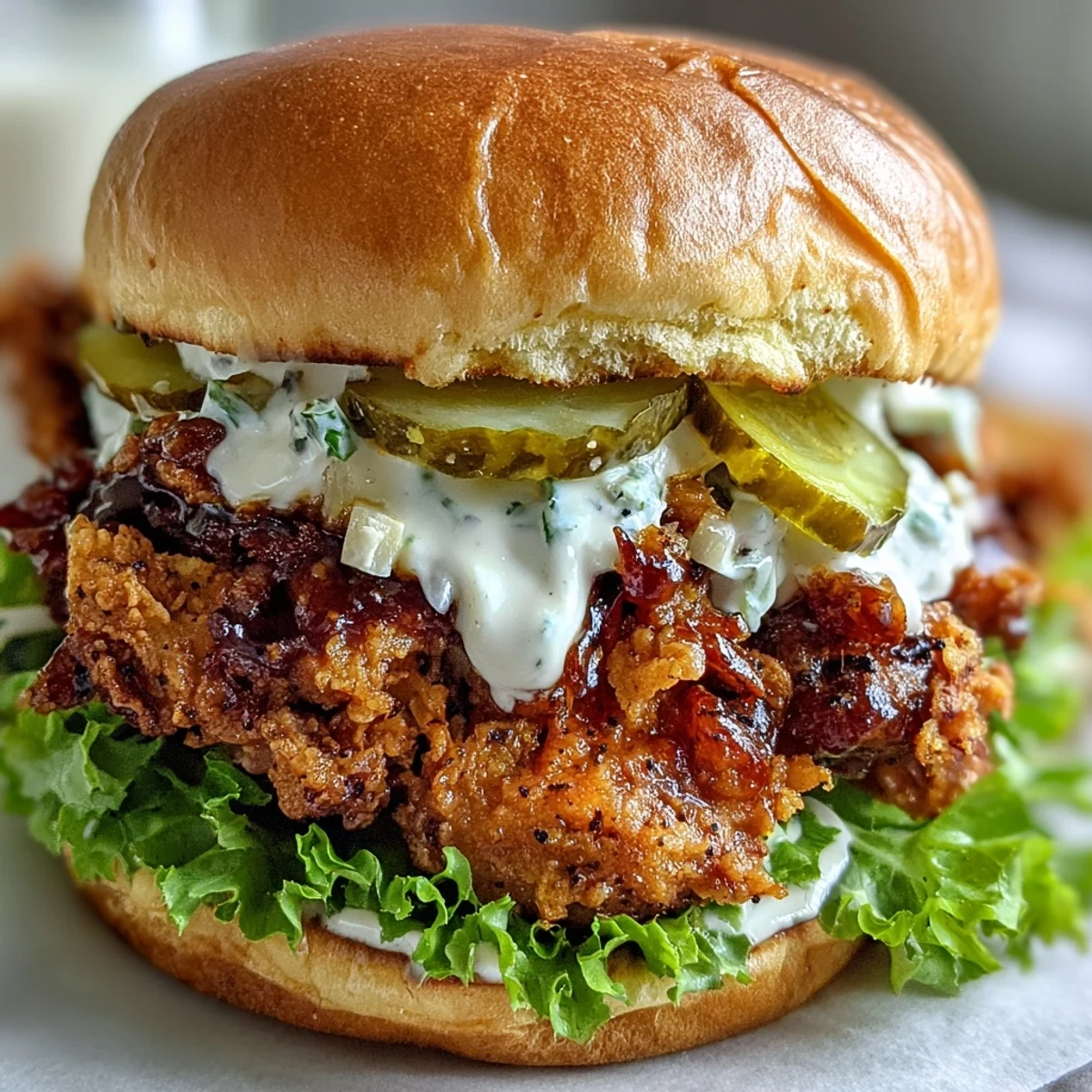 Golden, ultra-crispy fried chicken is piled high on a toasted brioche bun with lettuce, pickles, and tomato.