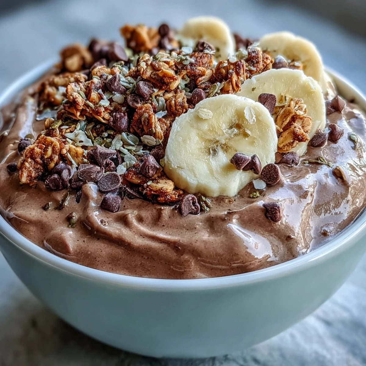 Thick and creamy Chunky Monkey Smoothie Bowls topped with fresh banana slices and maple granola.