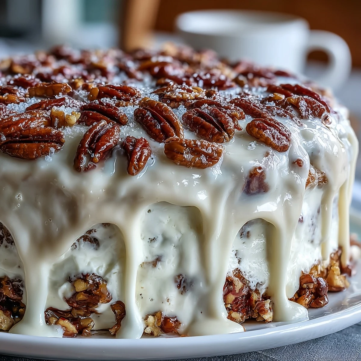 Buttery pecans and whipped cream topping on a freshly made Butter Pecan Tres Leches Cake