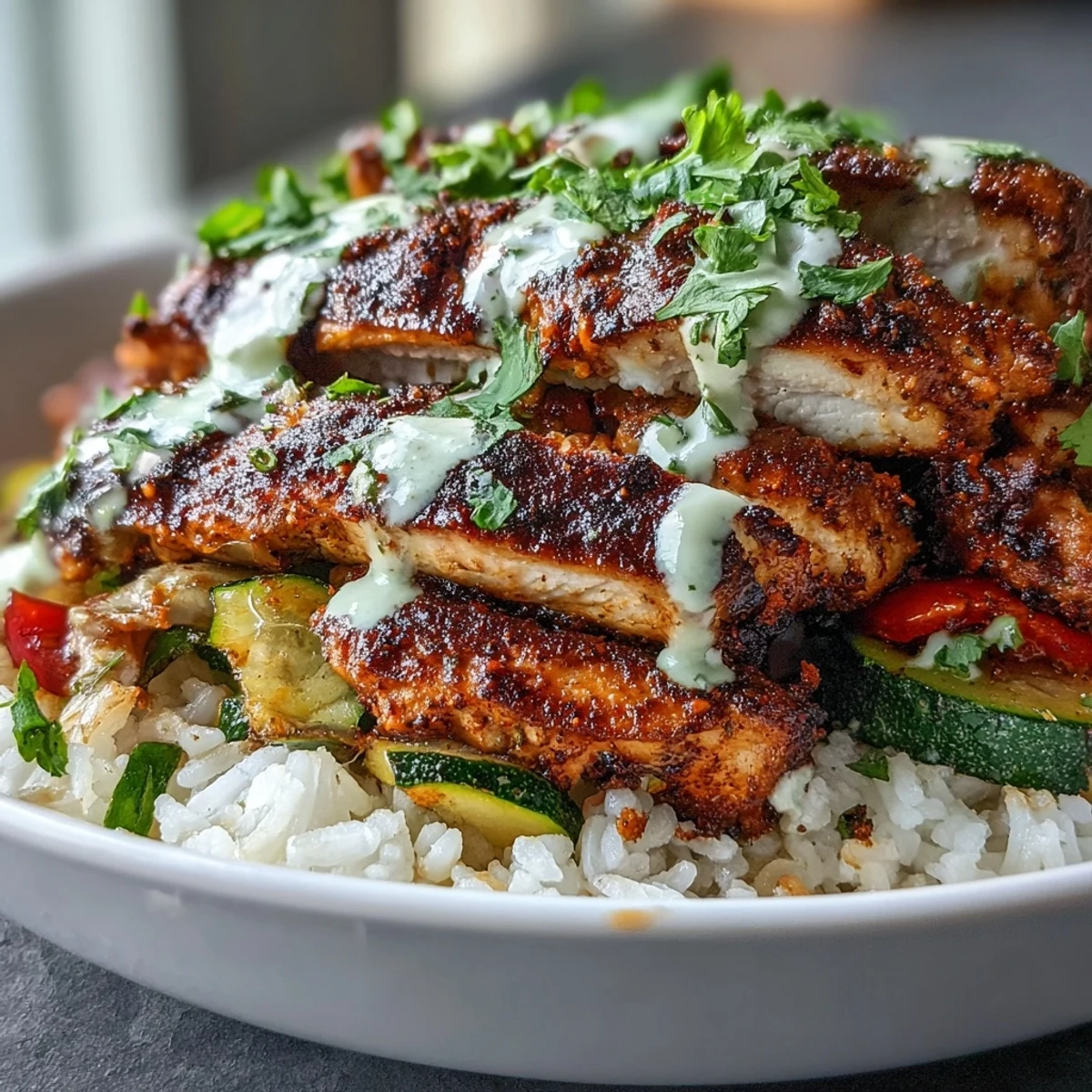 Sliced blackened chicken breast, fluffy rice, and sautéed vegetables in a bowl topped with lime crema and fresh cilantro.
