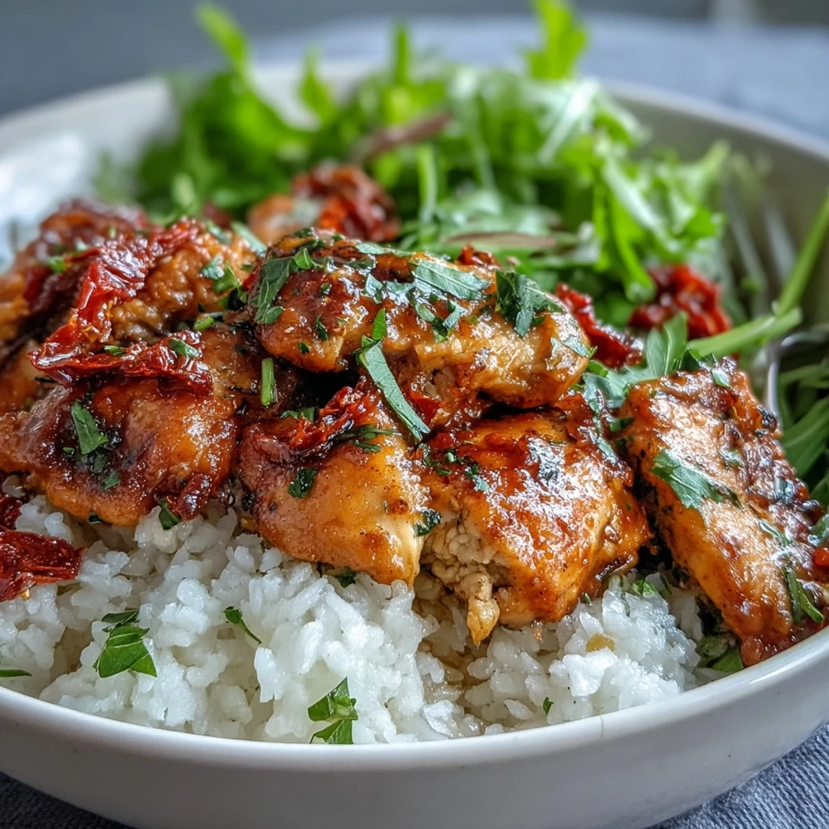 Flaky grilled chicken with sun-dried tomatoes and herbs rests over fluffy rice and fresh greens in a white bowl.
