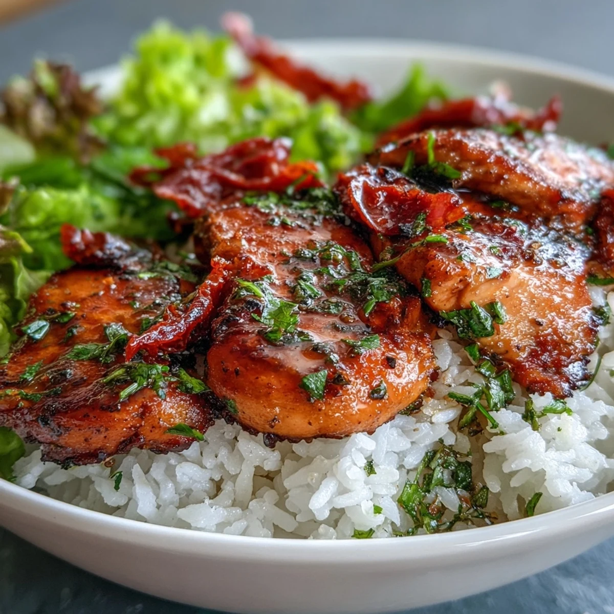 Wholesome Mediterranean-inspired sun-dried tomato chicken bowl served with lemony greens and toasted pine nuts for a vibrant dinner.