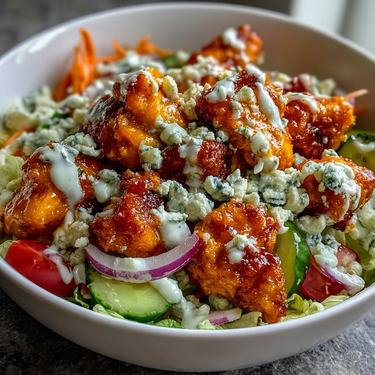 Bright and spicy Buffalo Chicken Bowl with tender saucy chicken, crisp lettuce, tomatoes, carrots, and cucumber on fluffy rice, drizzled with creamy ranch.
