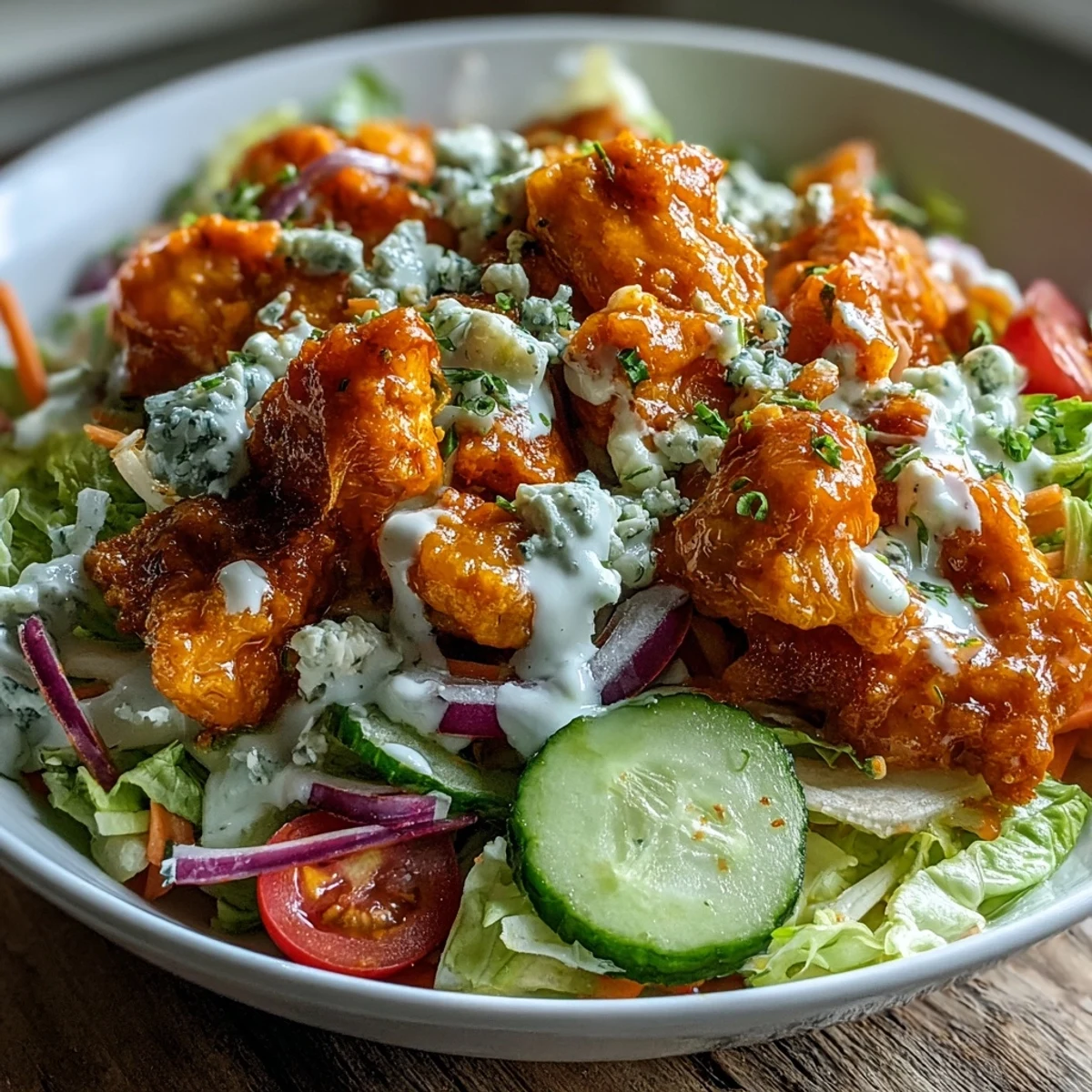 Freshly assembled Buffalo Chicken Bowl featuring shredded romaine, cherry tomatoes, carrots, cucumbers, red onion, and blue cheese crumbles, finished with a drizzle of ranch.
