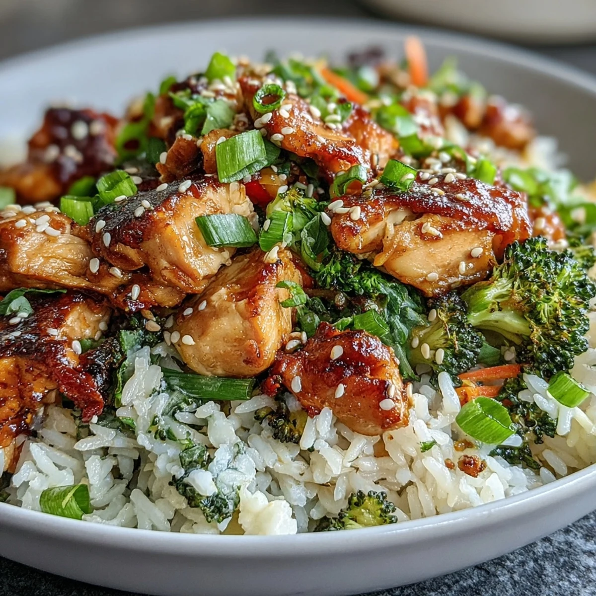 Steaming bowl of homemade Chicken and Rice Bowl with tender chicken and vibrant broccoli, bell peppers, and carrots.