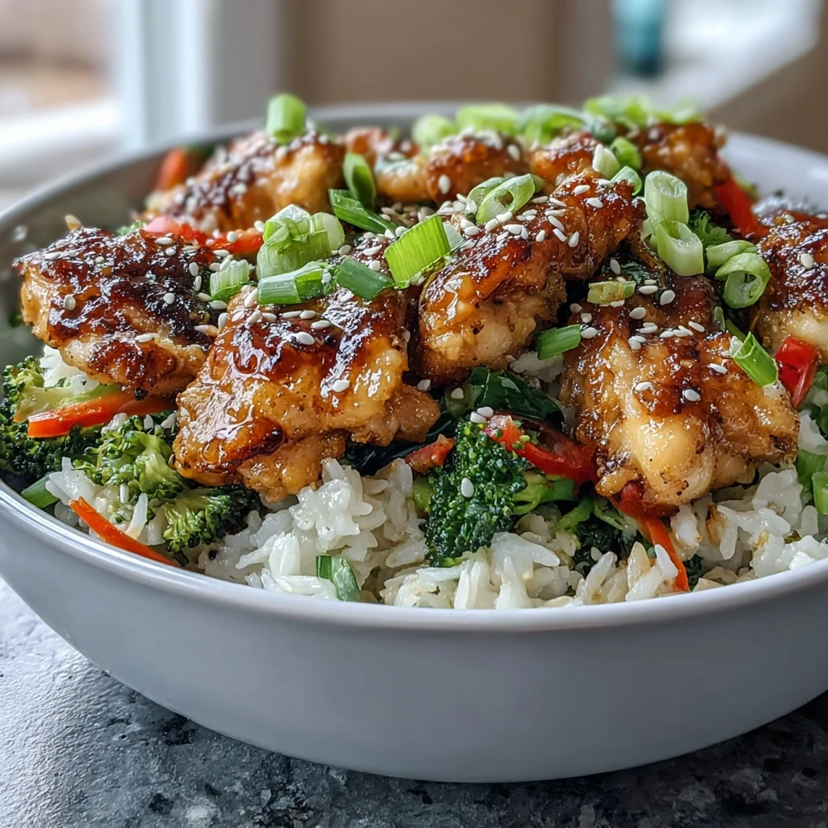 Colorful Chicken and Rice Bowl featuring fluffy white grains, sautéed vegetables, and juicy chicken, perfect for a healthy weeknight dinner.