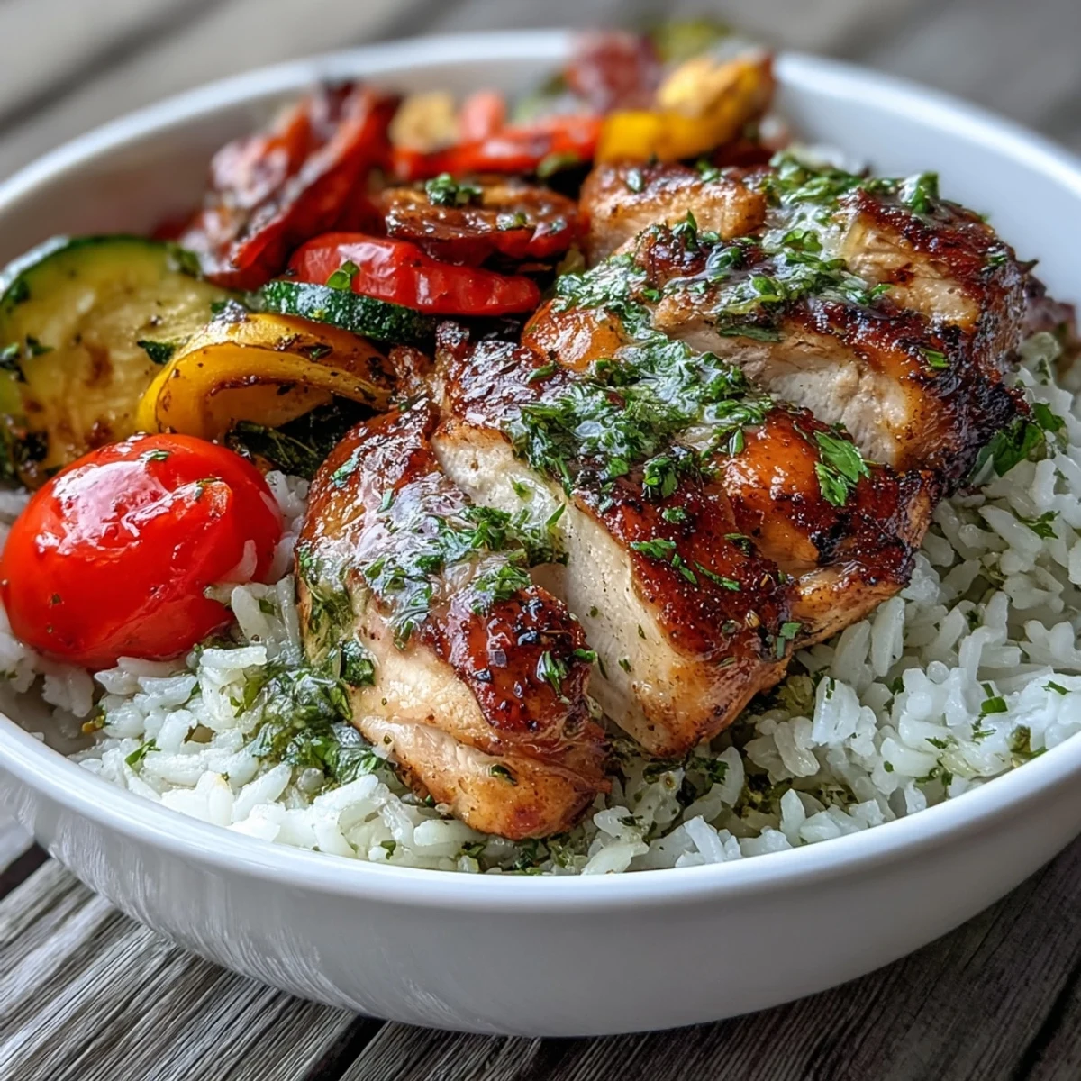 Freshly roasted chicken with rosemary and thyme sits atop fluffy rice and caramelized veggies, drizzled with zesty Lemon Herb Roasted Chicken Bowl dressing.