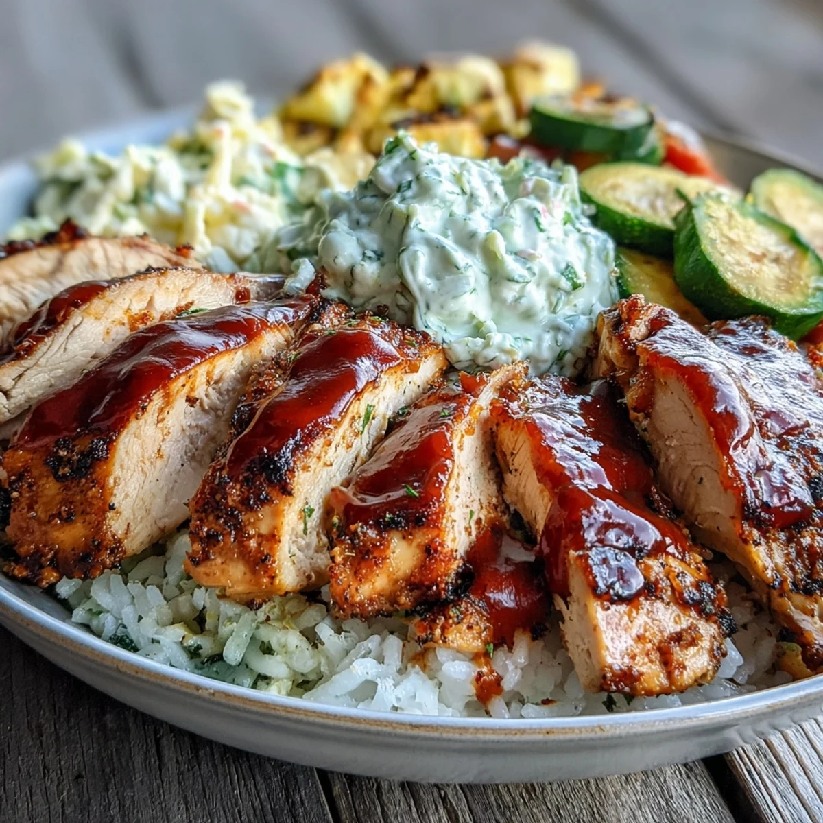 Juicy BBQ-glazed chicken slices rest on fluffy white rice with crisp coleslaw for a vibrant meal.