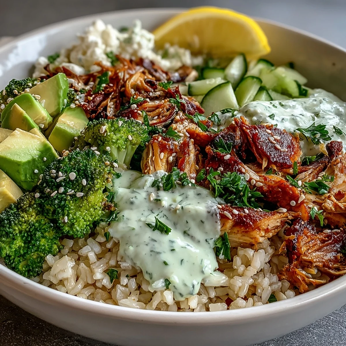 Freshly steamed broccoli and juicy shredded rotisserie chicken top a bowl of brown rice, ready for a savory drizzle of creamy tzatziki sauce.