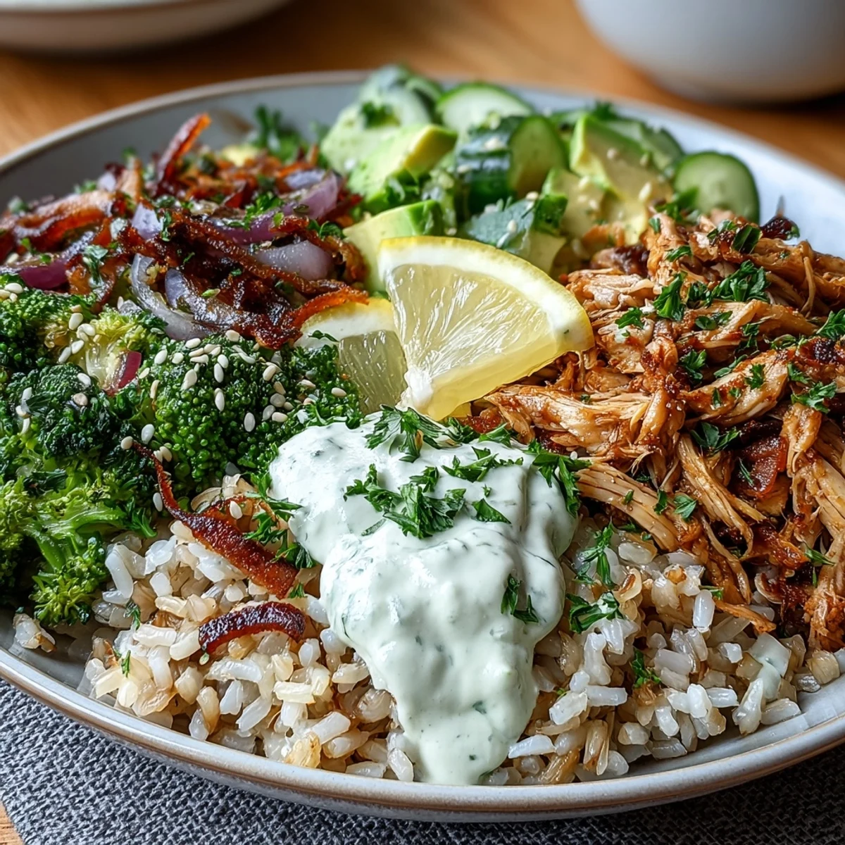 Healthy Rotisserie Chicken Bowl featuring fluffy grains, red onion, and sesame seeds, perfect for a quick and nutritious weeknight family dinner.