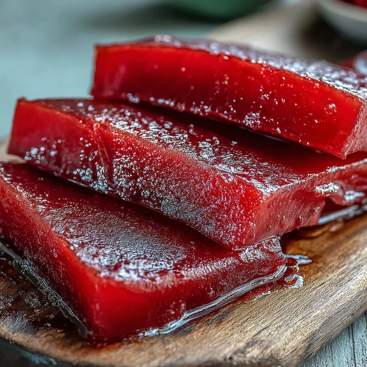 Homemade guava paste cooling in a parchment-lined loaf pan, glossy and deep pink.