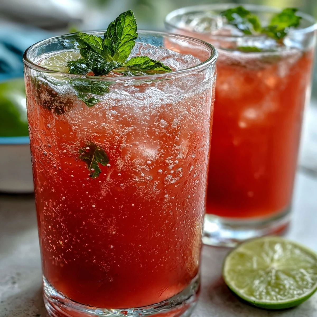 A tall glass of Guava Juice With Sparkling Water over ice, garnished with fresh mint and a bright lime wheel.