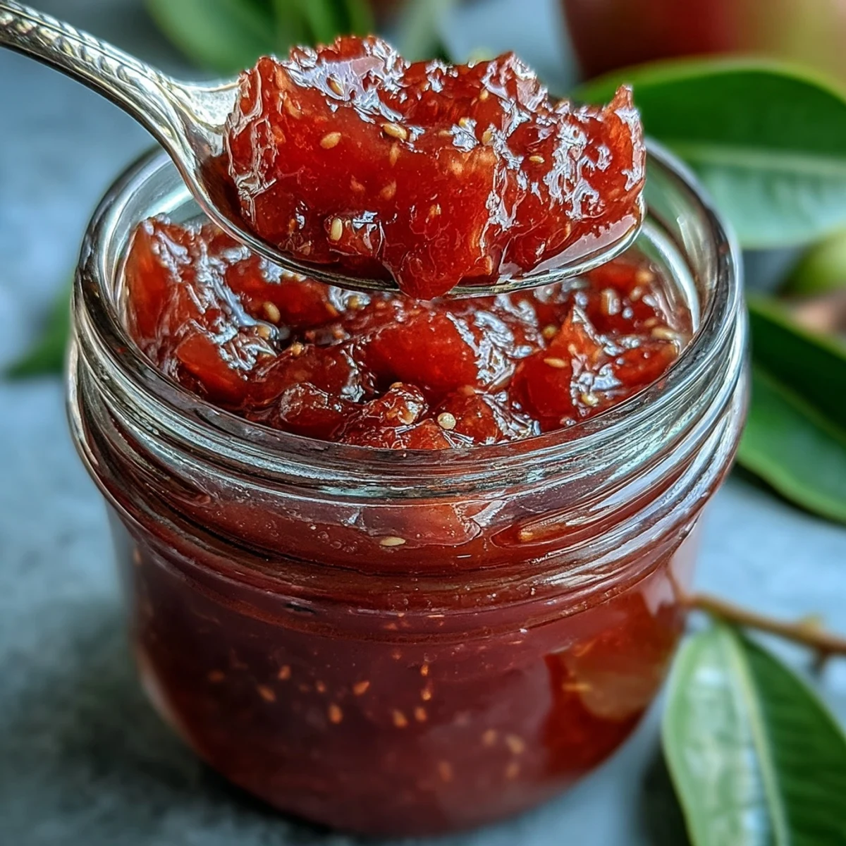 Steaming, thick guava preserves in a jar with a spoonful ready for tasting or spreading on toast.
