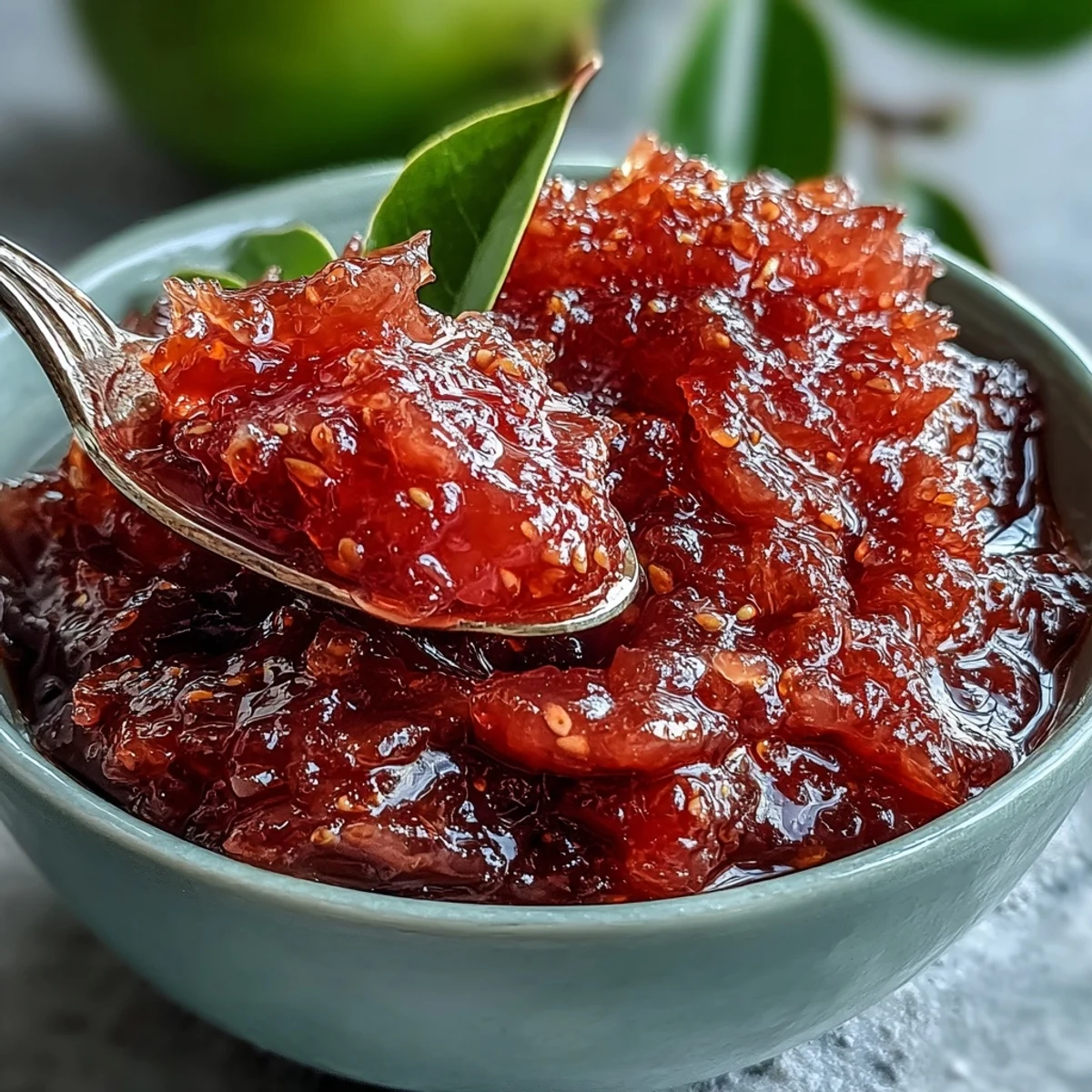 Freshly prepared guava preserves show a chunky, aromatic texture, ideal for spooning onto warm biscuits.