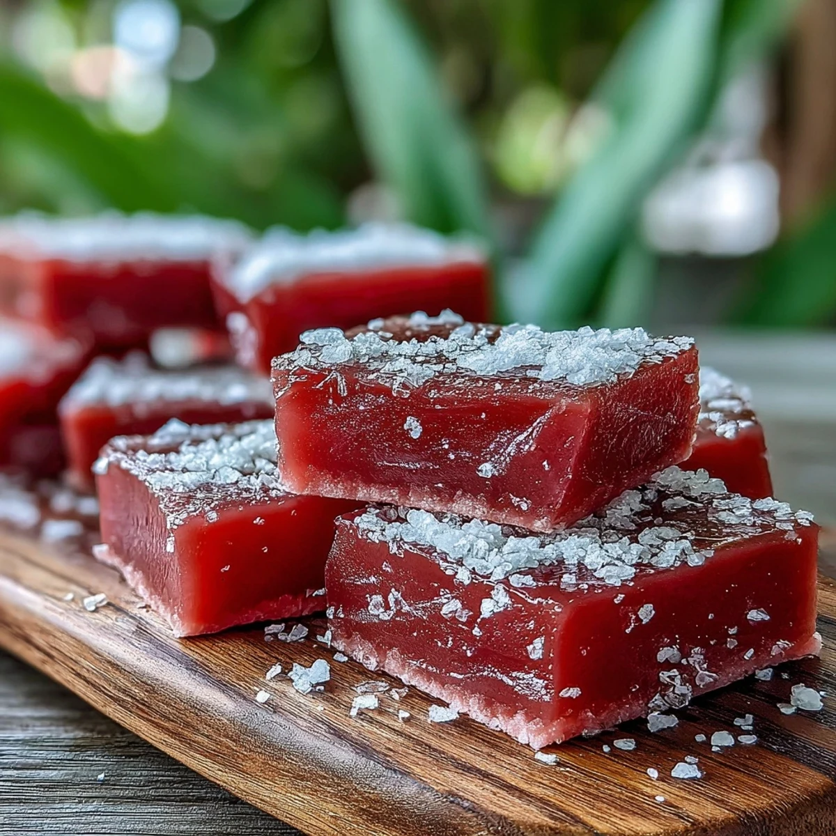 Freshly made Guava Cheese cut into neat squares, ready to serve on a dessert platter.