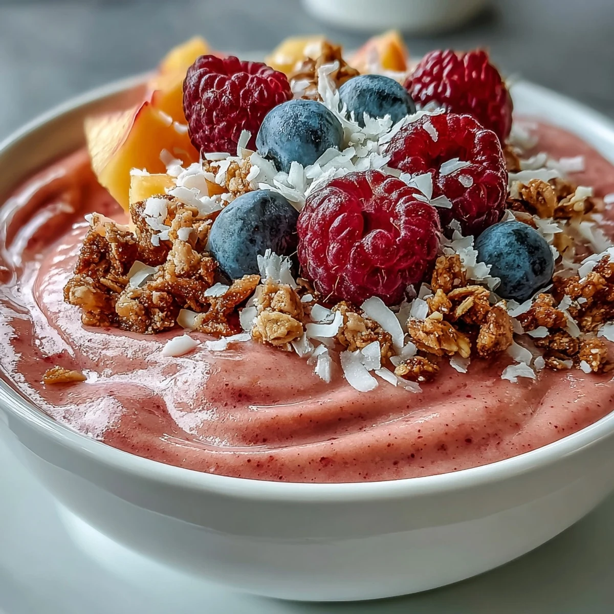 Bright and colorful Guava and Mango Smoothie Bowl topped with crunchy granola, fresh berries, and coconut flakes, served in a white bowl for a refreshing breakfast.