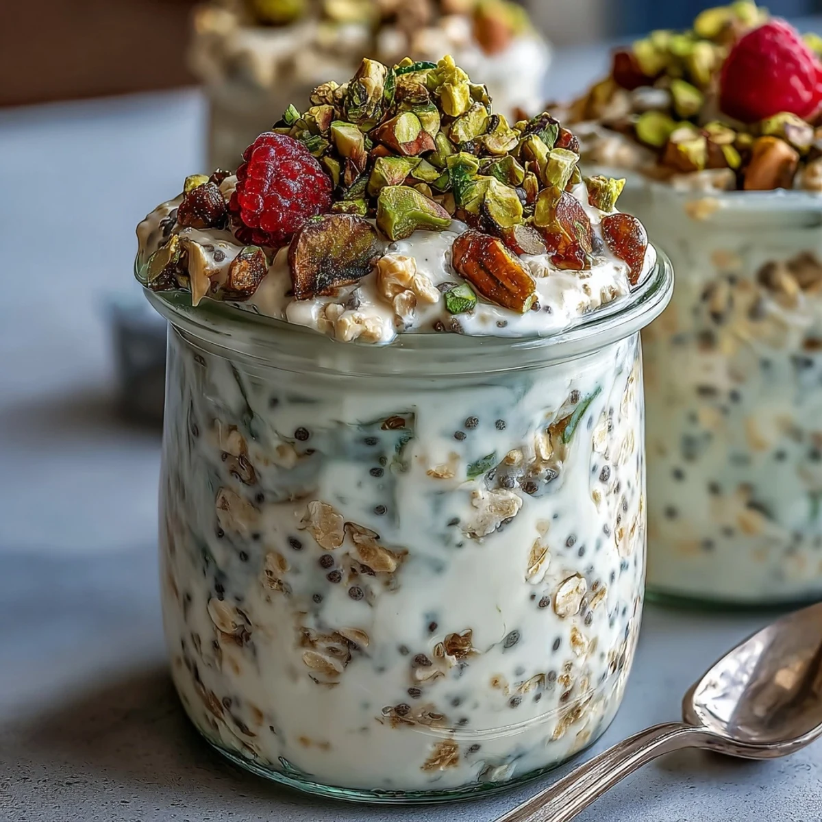 Thick and creamy pistachio overnight oats in a glass jar, topped with chopped pistachios and fresh raspberries for a protein-rich breakfast.