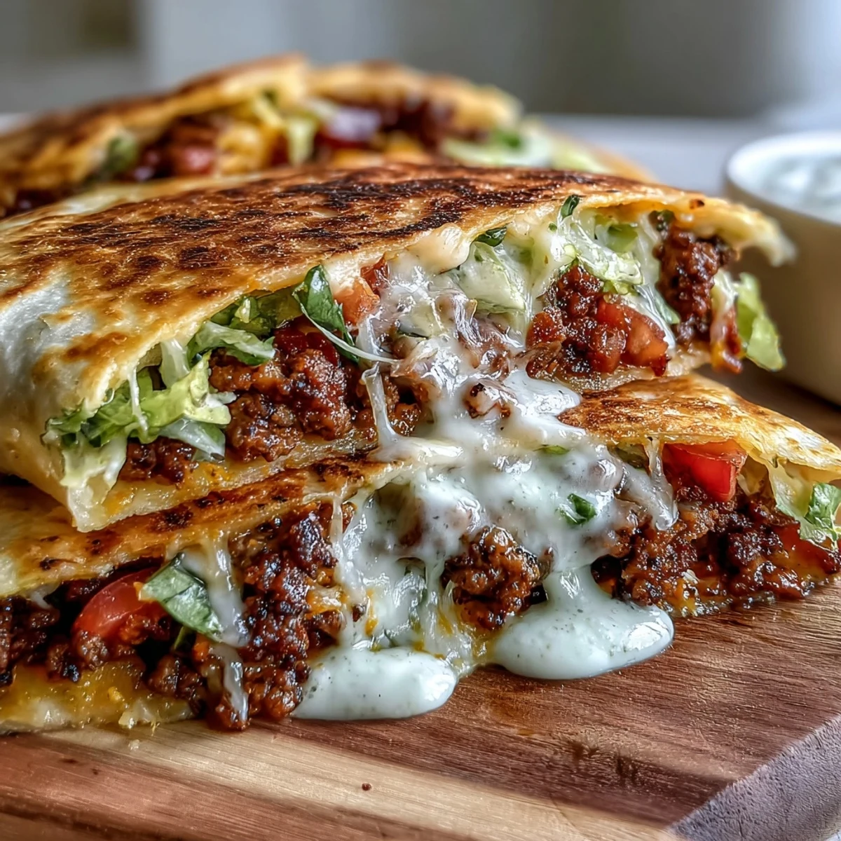 Golden-brown Keto Crunchwraps rest on a plate, filled with seasoned beef, melted cheddar cheese sauce, fresh lettuce, and diced tomato garnish.