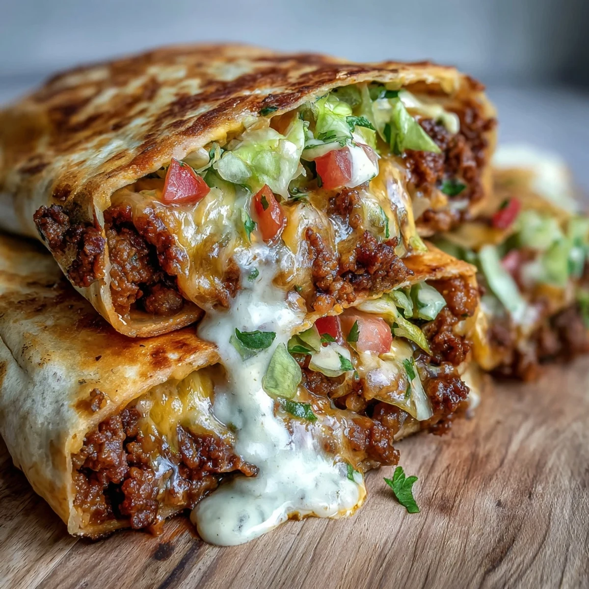 A hand holds a halved Keto Crunchwrap, revealing layers of savory ground beef, creamy cheese sauce, and crisp low-carb tortilla shell.
