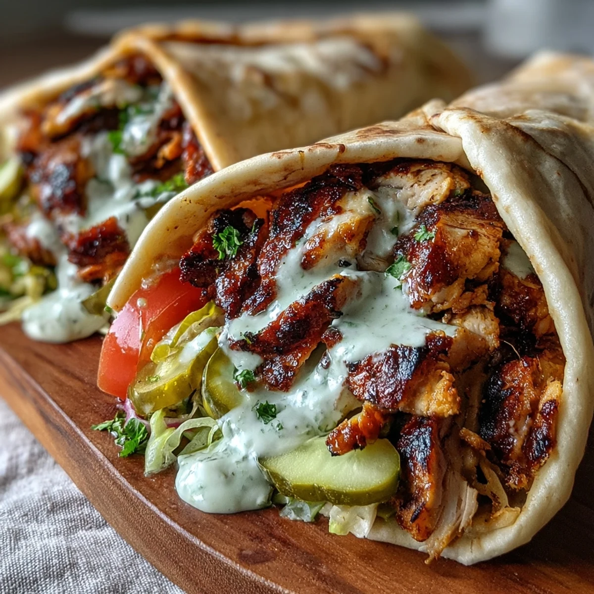 A finished chicken shawarma wrap is folded and held in hand, showing colorful tomatoes, cucumbers, and tangy pickles inside.