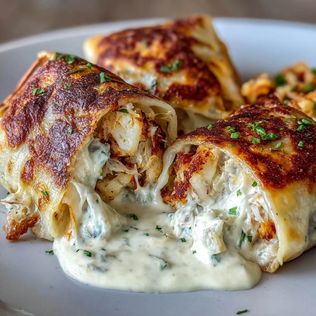 Golden, crispy Cheesy Seafood Tortilla Bombs in a baking dish ready for a seafood appetizer spread.