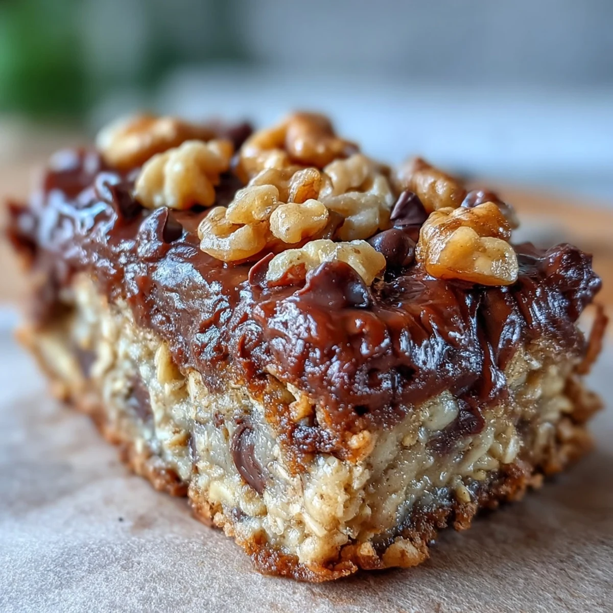 Golden-brown Chunky Monkey Protein Baked Oat Bars loaded with chocolate chips and chopped walnuts on a white plate.