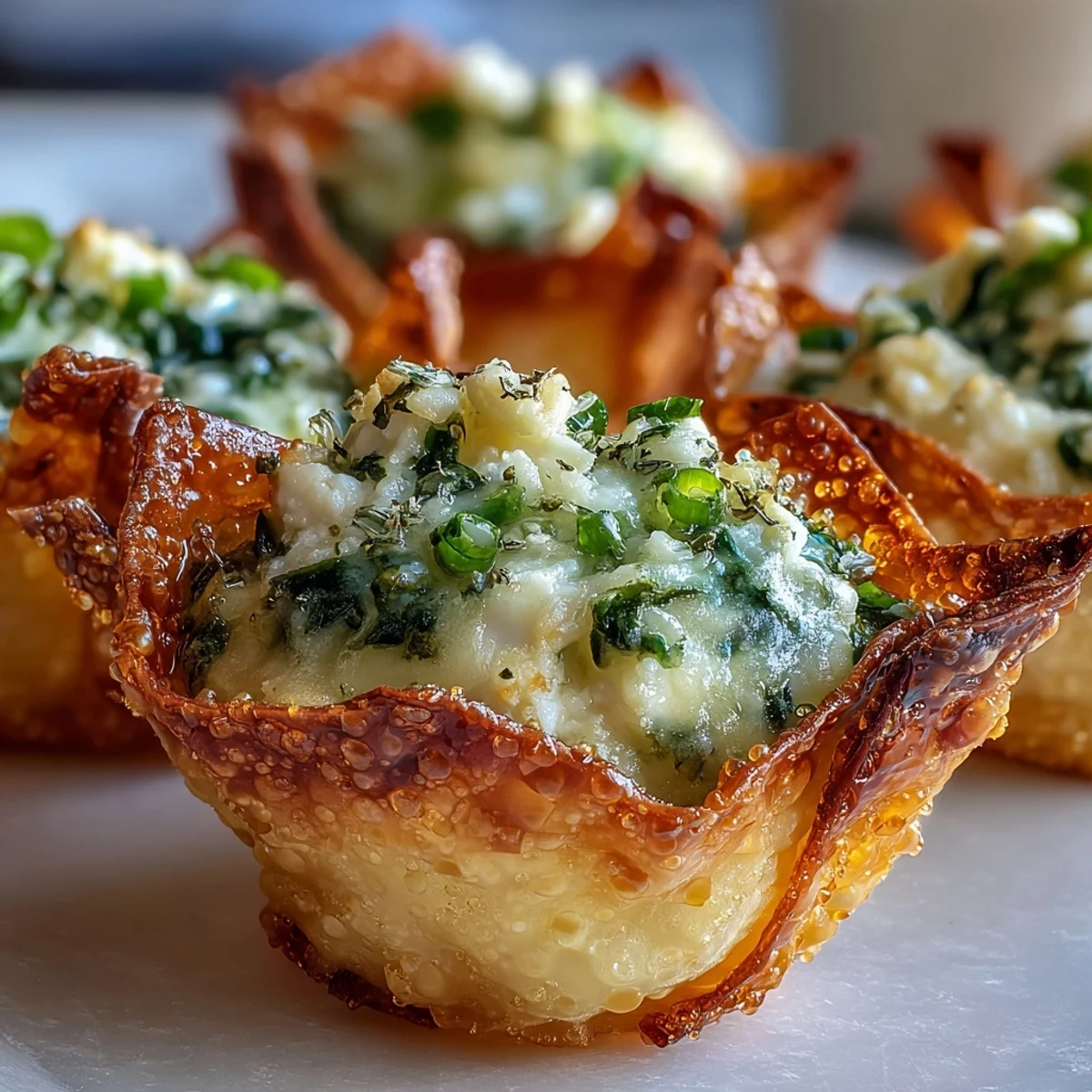 Plated Spinach Feta Wonton Cups on a white dish, garnished with fresh green onions and herbs.