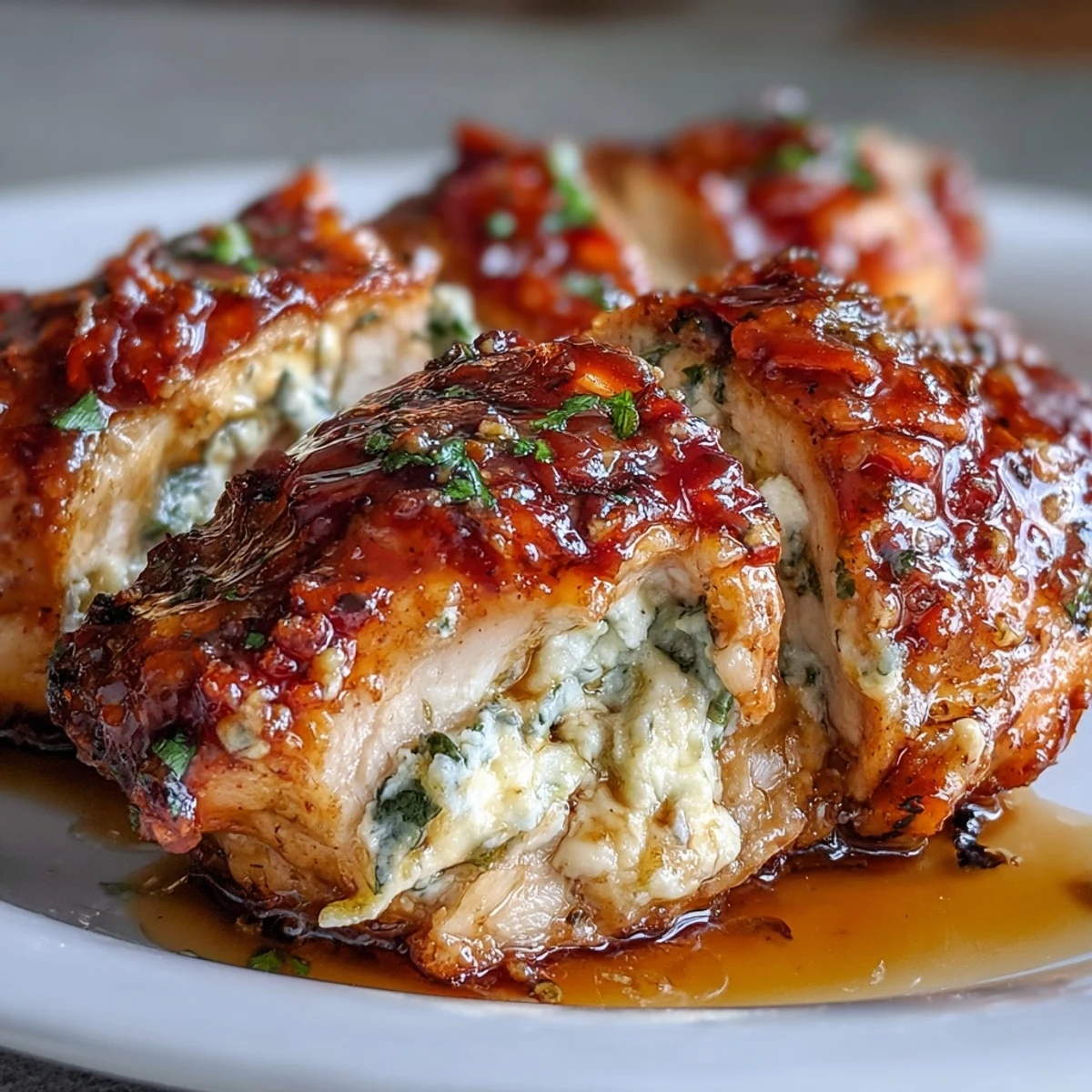 Four baked Hot Honey Ricotta Stuffed Chicken breasts sit golden-brown in a white ceramic dish, their edges bubbling with a glossy, crimson hot honey glaze. A cross-section reveals creamy ricotta oozing from the tender chicken pocket, flecked with fresh parsley and basil. Steam rises gently from the melty center, promising a sweet-spicy bite, served alongside colorful roasted vegetables on a rustic table.