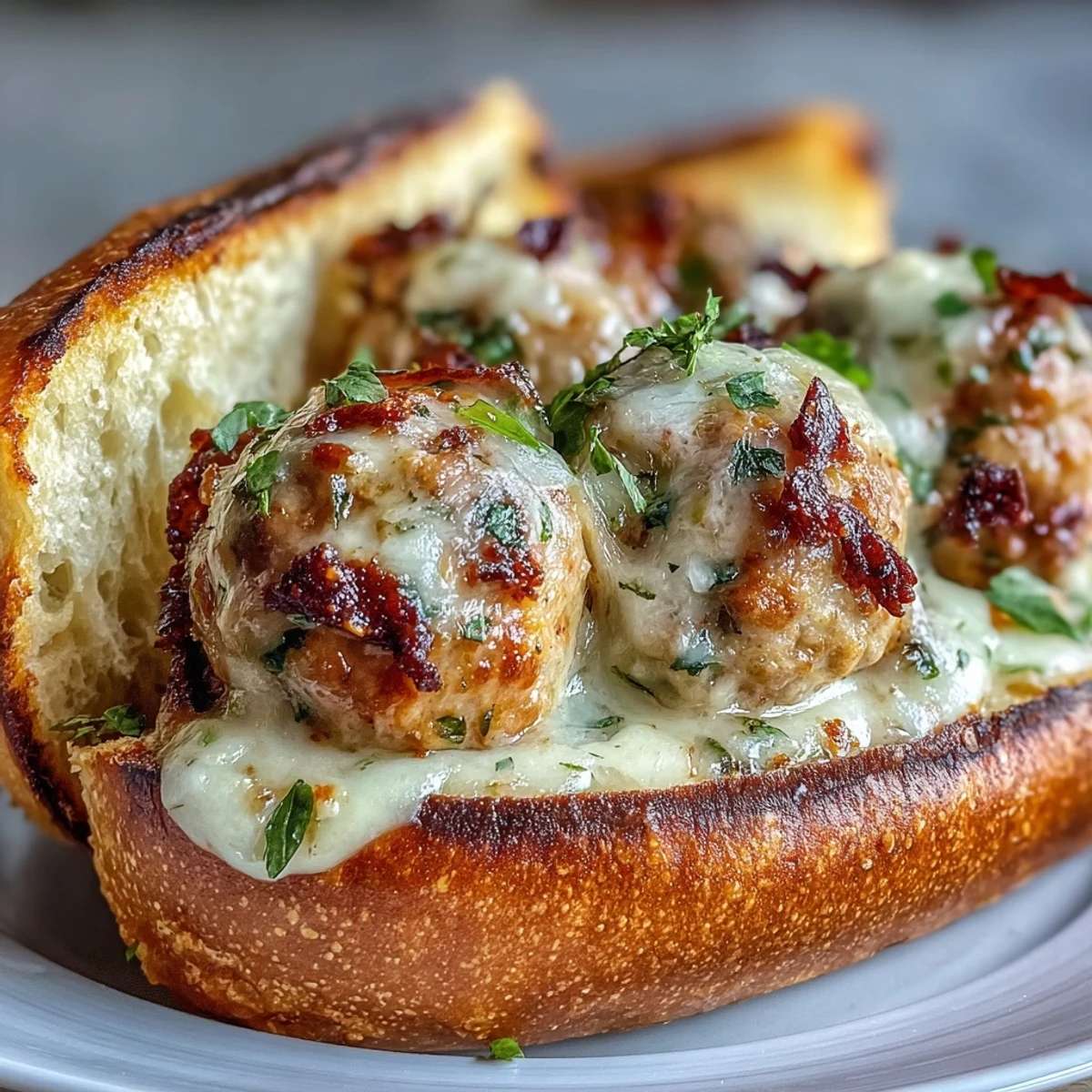 Freshly baked golden turkey meatballs simmer in a creamy garlic-Parmesan sauce in a skillet.