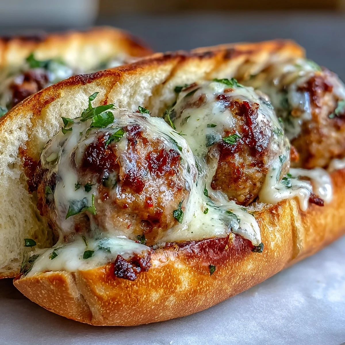 Melted mozzarella tops these Garlic Parmesan Turkey Meatball Subs, ready to be served hot.